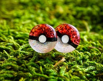 9mm // Poké Ball Resin Surgical Steel Stud Earrings // Hand Painted Jewelry // Geometric Studs // Circle Earrings // Pokémon Inspired