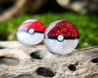 12mm // Poké Ball Resin Glitter Stud Earrings // Hand Painted // Surgical Steel // Geometric Jewelry // Dot Earrings // Pokémon Inspired