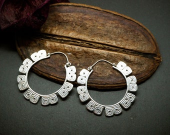 MAYAN Tribal Hoop Silver Plated Earrings