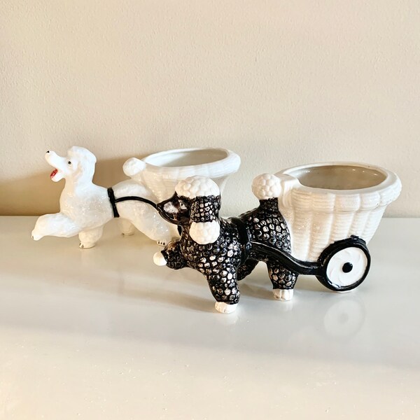 Set of 2 Vintage White and Black Poodle Dog Planter, Poodles on a Wagon Planters, Poodles Figurines