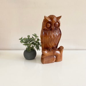 Vintage Hand Carved Wooden Owl Sculpture 8.5&quot; Tall, Wooden Sitting Owl on a Tree
