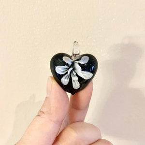 Vintage Black and White Heart Shaped Art Glass Pendant