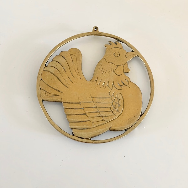 Vintage Brass Rooster Trivet, Chicken, Hen Wall Hanging Decor