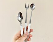 Vintage Ikea Fiesta Swedish Cutlery Stainless Steel White Plastic Handles 1980s, Ikea Dessert Forks Spoons Scandinavian MCM, Made in Japan