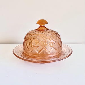 Vintage Cherry Lattice Pink Glass Dome Round Covered Butter Dish Cheese Dish by Mosser Glass