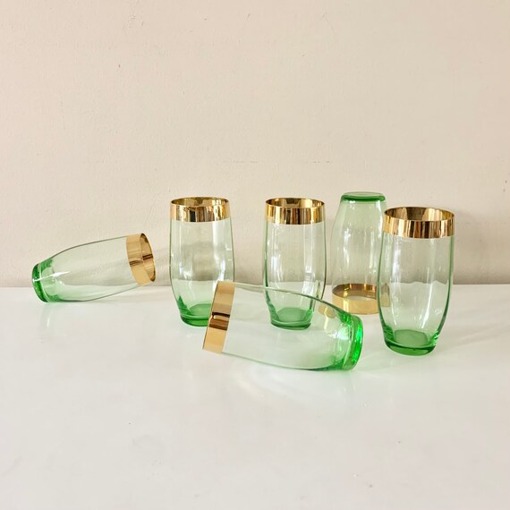 Set of 6 Vintage Green Depression Glass Drinking Glasses With Etsy