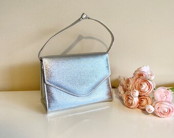 Vintage Silver Evening Boxy Envelope Bag, Wedding Formal Clutch Bridal Purse, 1970s