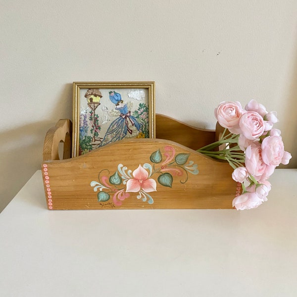 Vintage Hand-Painted and Signed Floral Wooden Box Storage Organizer Planter with Heart Shaped Handles for Fruits, Plants