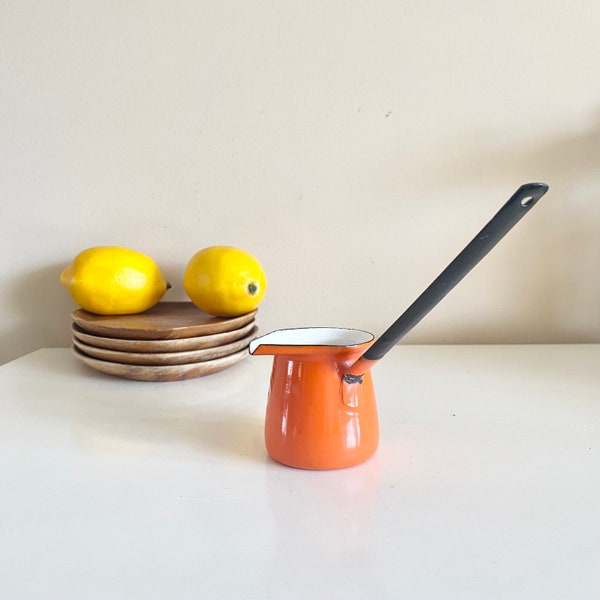 Vintage Orange Red Enamel Sauce Pan Pouring Small Pot with a Handle