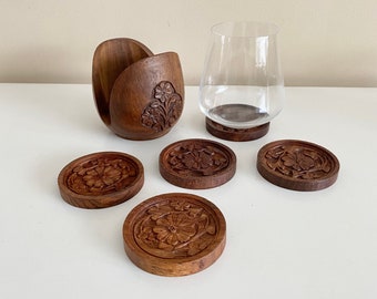 Set of 6 Vintage Floral Flower Hand-Carved Wooden Coasters with a Holder