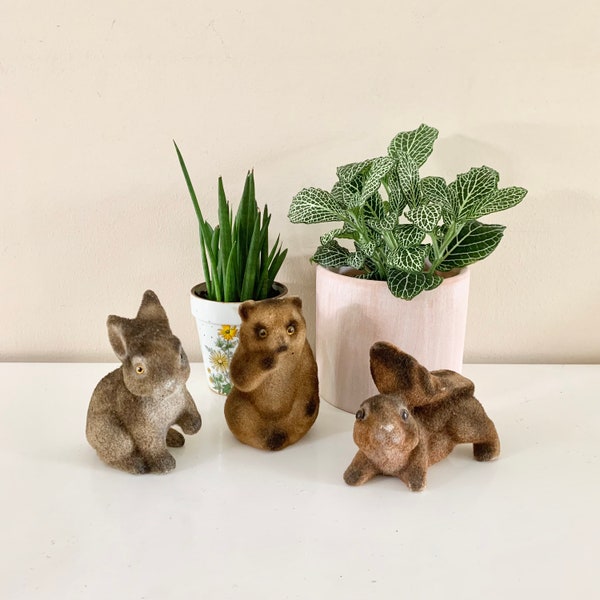 Set of 3 Vintage Flocked Ceramic Animals Woodland, Squirrel, Rabbit, Bear Figurine, Japan