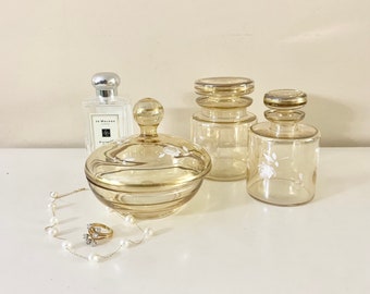 Set of 3 Vintage Hand-Painted Yellow Glass Vanity Set, Powder Perfume Jars