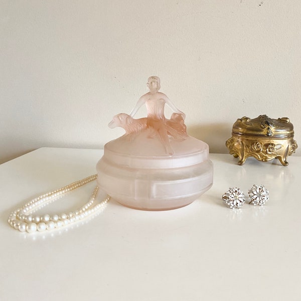 Vintage Art Deco L.E. Smith Glass Pink Frosted Satin Glass Lady Girl in Dress with Dogs Powder Jar, Trinket Dish, 1930s