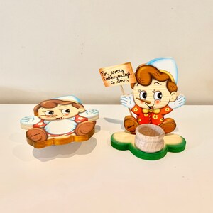 Conjunto de 2 caixas de música de madeira vintage Pinocchino e caixa de lembrança de dente, Bartolucci Itália