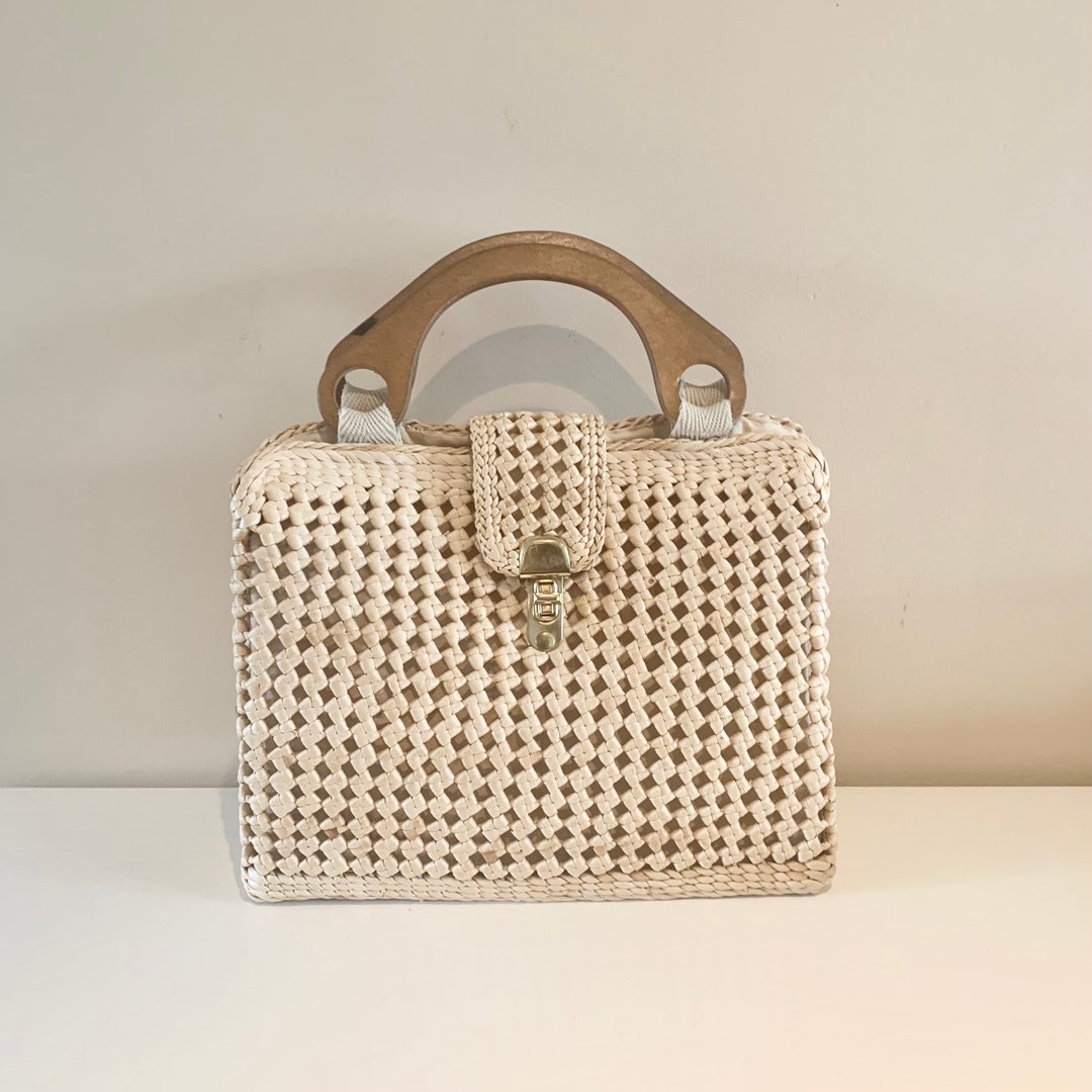 Vintage Wood Handle Straw Large Purse Tote Handbag, Made in Italy Etsy