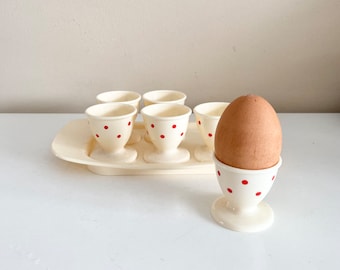 Set of 7 Vintage Kayser West Germany Plastic Red Polka Dot Egg Cups and Tray, W. Germany