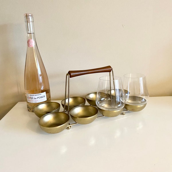 Vintage Caddy for Cocktail Wine Glasses with Brass and Teak Caddy, Mid Century Barware, Gift for Dad Mom MCM