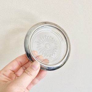 Set of 4 Vintage Regal Silver Rim Crystal Coasters, E.P. Steel Siver-Plated Silverplated, Clear Glass Coasters