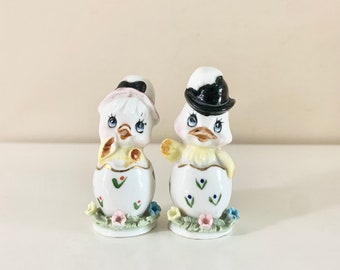 Vintage Anthropomorphic Boy and Girl Chicks Duckies in Cracking Cracked Egg Salt and Pepper Shakers, Japan