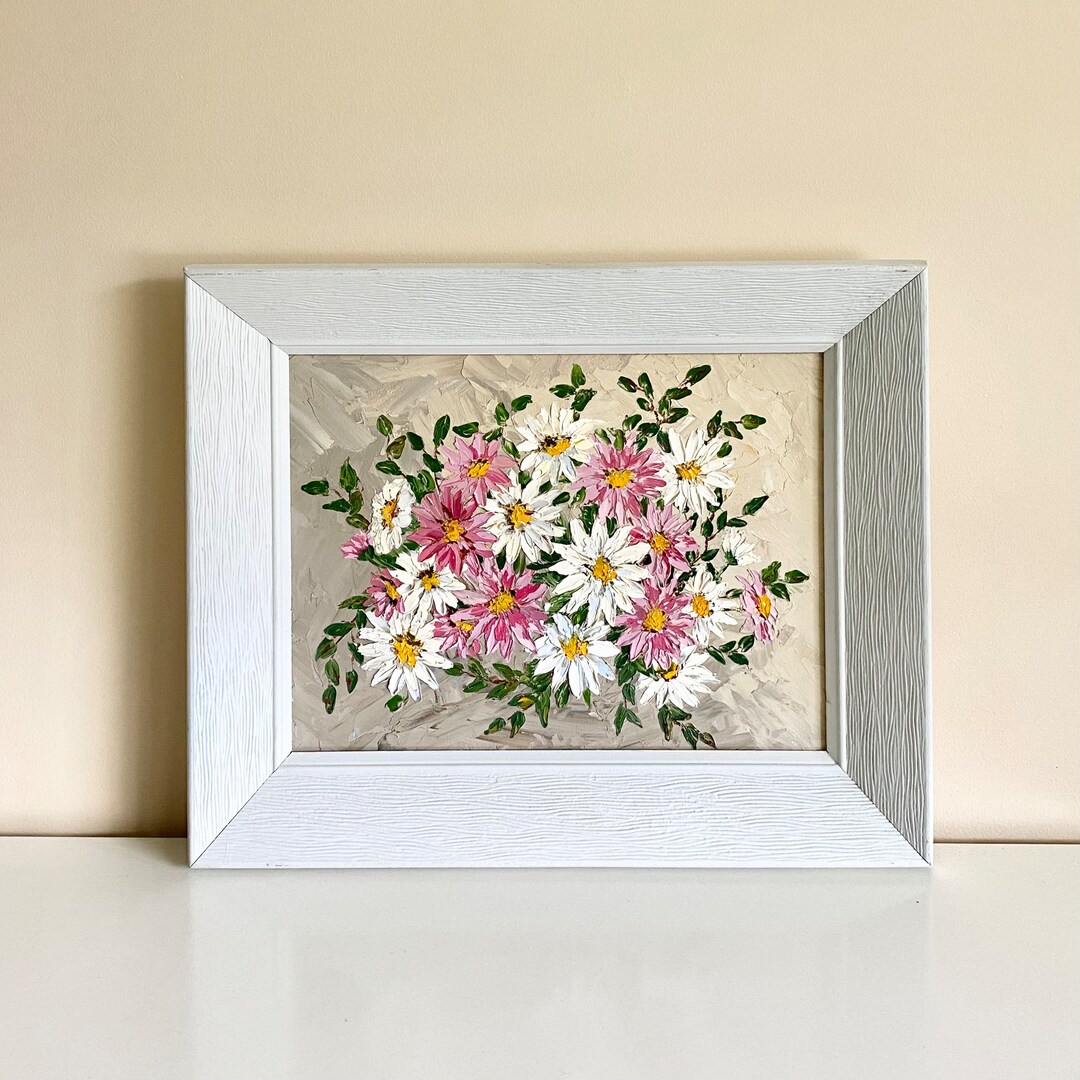 Vintage Framed Flower Arrangement Daisies Flowers Painting Artwork ...