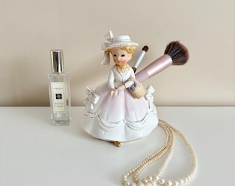 Vintage Relpo Kitschy Girl with Hat and Flower Basket Planter, Brush Holder, Japan REPAIRED