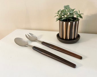 Set of 2 Vintage Wood & Stainless Steel Denmark Lundtofte Salad Servers, Salad Spoon and Fork Set, Danish Design, MCM