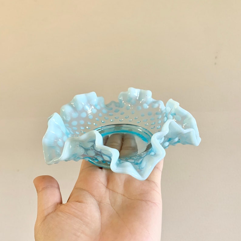 Vintage Fenton Opalescent Hobnail Dish Blue and Clear Ruffled Candy Bonbon Catchall Bowl