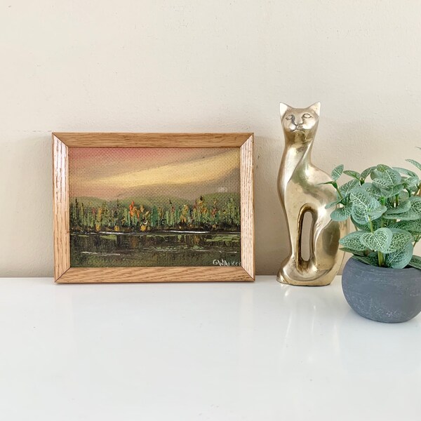 Vintage Signed and Framed Sunset Landscape Forest Trees Oil Painting Artwork, Small Miniature Retro Oil Art, G. Walker