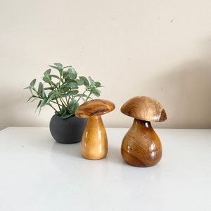 Set of 2 Vintage Signed Hand-Carved Wooden Brown Mushroom Sculptures, Mushroom Collector