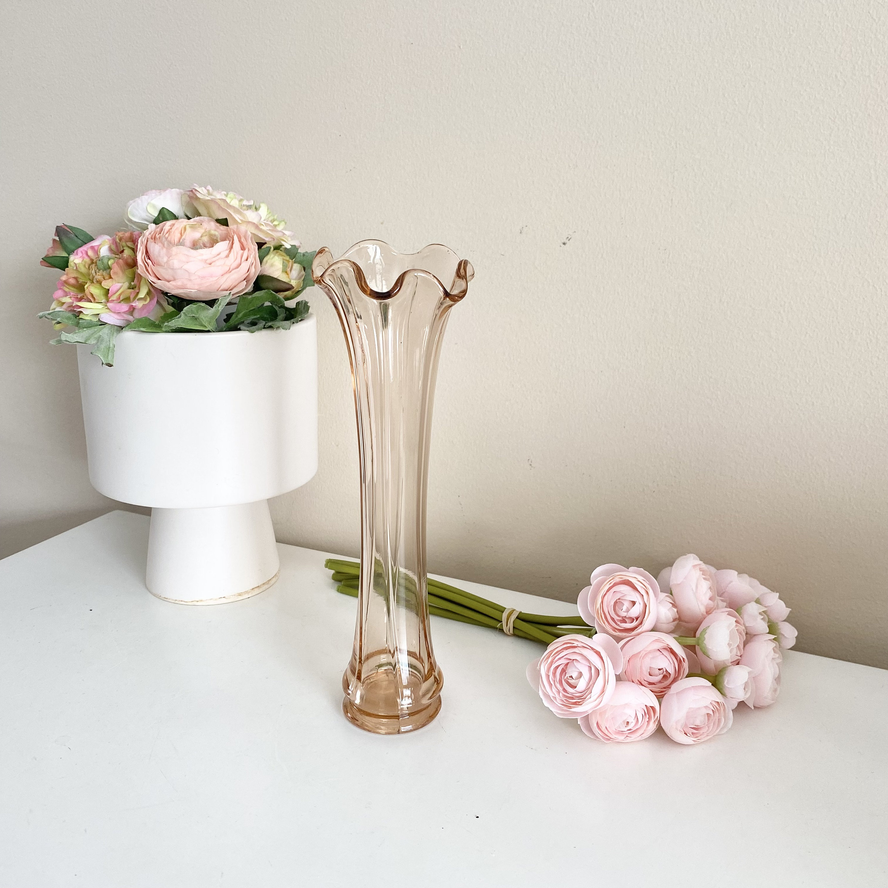 Vintage Pink Swung Glass Vase, Stretched Glass Vase, Pink