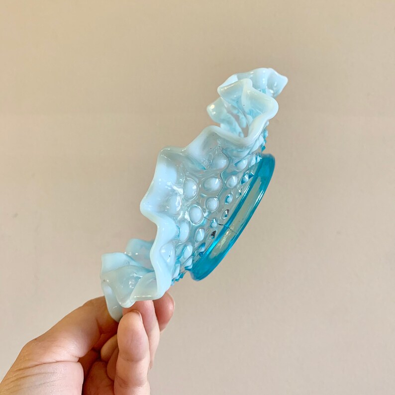 Vintage Fenton Opalescent Hobnail Dish Blue and Clear Ruffled Candy Bonbon Catchall Bowl