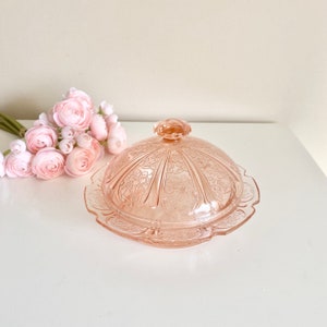 Vintage Pink Depression Glass Jeannette Depression Glass Pink Cherry Blossom Round Dome Covered Butter Dish