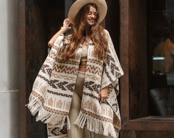 Unisex adult woolen poncho with ethnic print and fringe | Women white poncho | Man white poncho | Warm beige poncho with print Gift for her