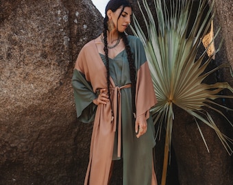 Women beige and khaki maxi kimono