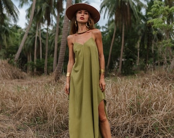 Women maxi olive slip dress with open back |  Women maxi length green dress | Women slip dress