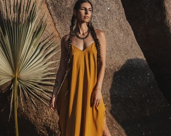 Women midi yellow slip dress with opened back Women mid length yellow dress Women yellow dress Midi sunny slits dress Women adjustable dress