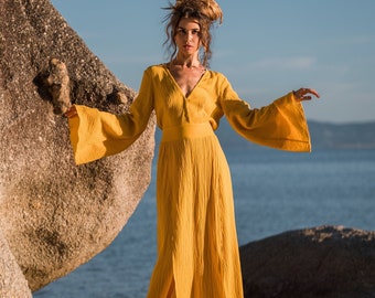 Women maxi cotton dress with long flared sleeves | Women boho yellow dress with opened back | Yellow long cotton dress with slits |