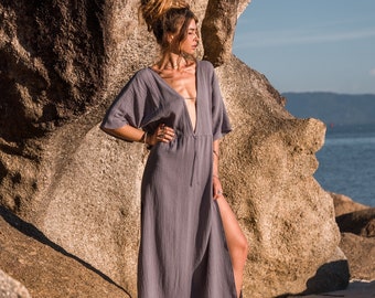 Women maxi gray kaftan dress with opened back | Gray kaftan dress with short sleeves | Women gray kaftan dress with adjustable lace