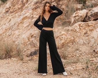 Women knitted black set with palazzo pants and wrap knitted top, Women knitted top with long flared sleeve, Long women palazzo flared pants