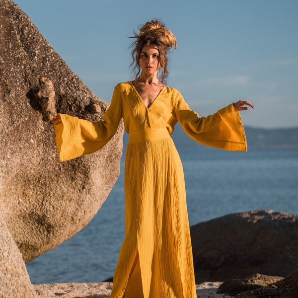 Abito maxi in cotone da donna con maniche lunghe svasate / Abito boho giallo da donna con schiena aperta / Abito lungo in cotone giallo con spacchi /