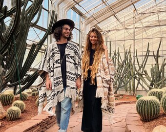 Couple unisex woolen poncho with fringe and ethnic print | Warm white poncho for couples | Gift for her | Gift for him