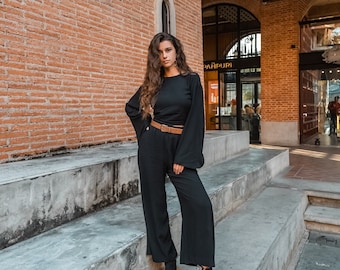 Women black top and pants elegant set | Black women suit | Top and pants set | Top and trousers suit | Gift women set Flare Sleeve women set