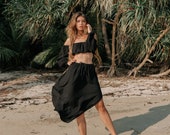 Women black off shoulder top skirt set Women black top with bishop sleeve Women black midi skirt Women black cotton set Elegant women set