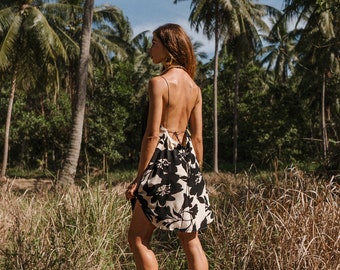 Women black and white mini dress with flower print