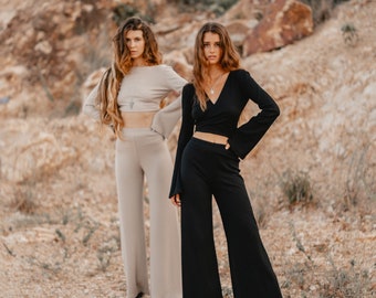 Conjunto negro de punto para mujer con pantalones palazzo y top de punto cruzado top de punto para mujer con manga larga acampanada pantalones largos palazzo acampanados para mujer Etsy Mexico