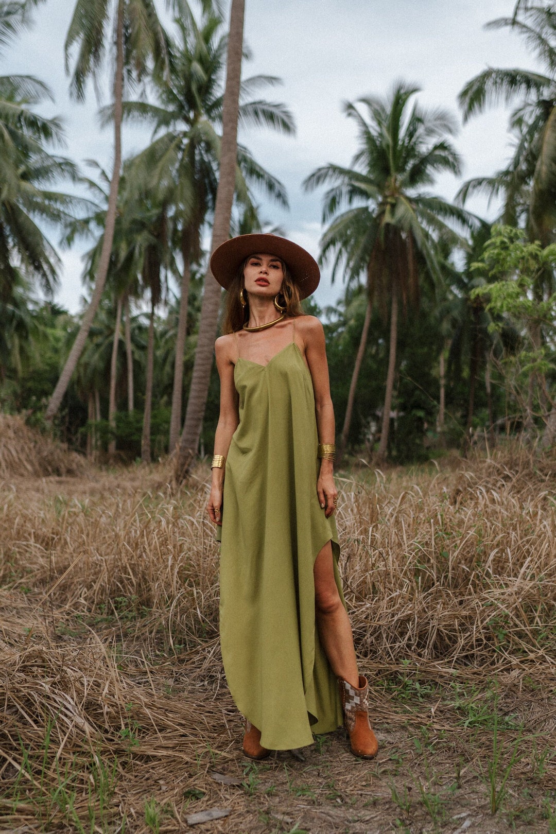 Olive Green Silk Slip Dress - Maxi Style