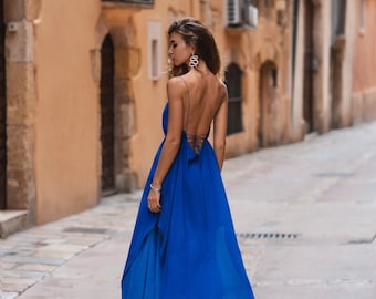 Women maxi slip blue dress with open back