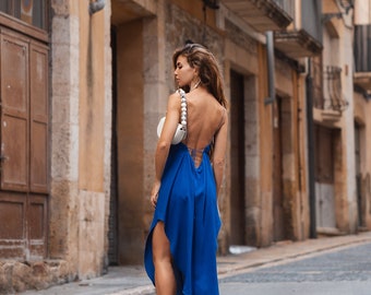 Robe longue bleue sans bretelles pour femme