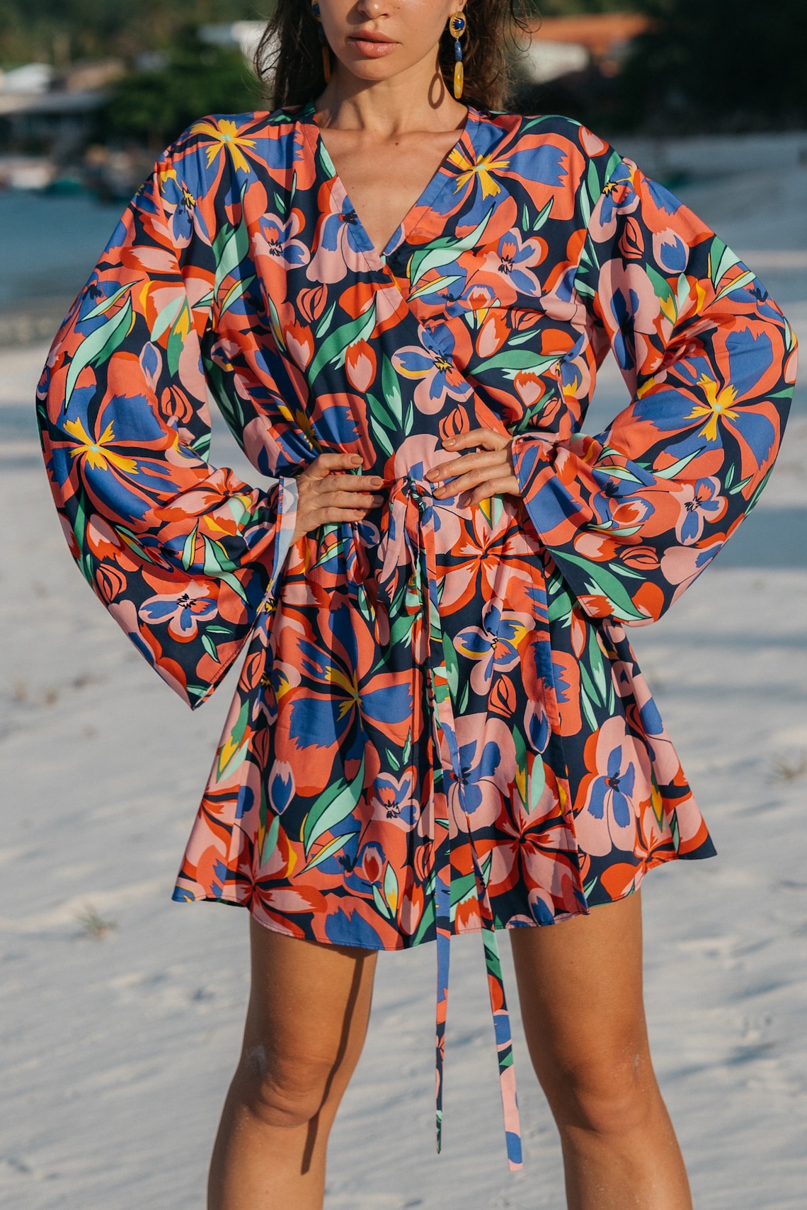 Women Short Wrap Dress With Floral Print and Flared Sleeves Etsy