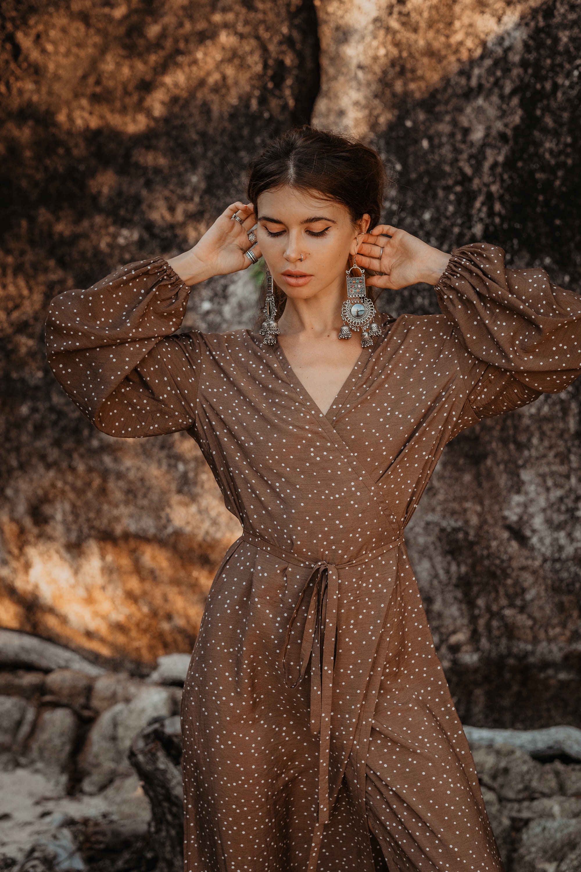 Women brown maxi wrap dress with polka dot Women elegant Etsy